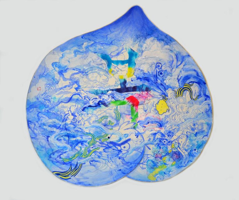 Jiha Moon, Peach Mask I, 2013; Ink and acrylic on Hanji paper, 38 x 38 1/2 in.; Courtesy of the artist