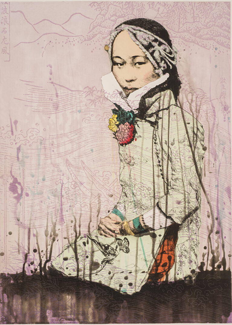 An Asian woman wearing an elaborate headband and traditional clothing kneels on the ground with her hands folded on her lap. She turns her head to look at the viewer as smoke appears to rise from the ground.