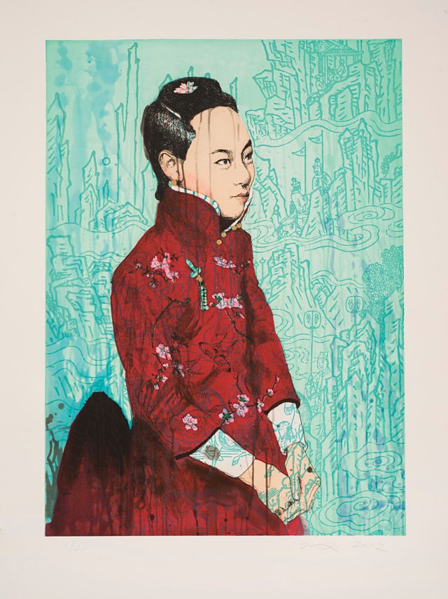 A light-skinned Chinese woman with dark hair is depicted in 3/4 view in front of a teal blue background. She wears a red traditional dress.