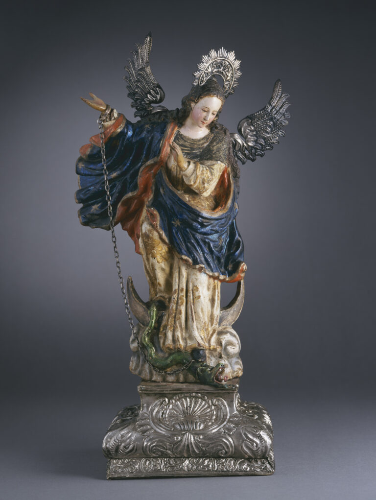 Unknown artist, Virgin of Quito, ca. 1750; Paint, wood, gold, and silver, 18 in. high; Denver Art Museum, Gift of Mr. and Mrs. John Pogzeba; inv. 1974.265