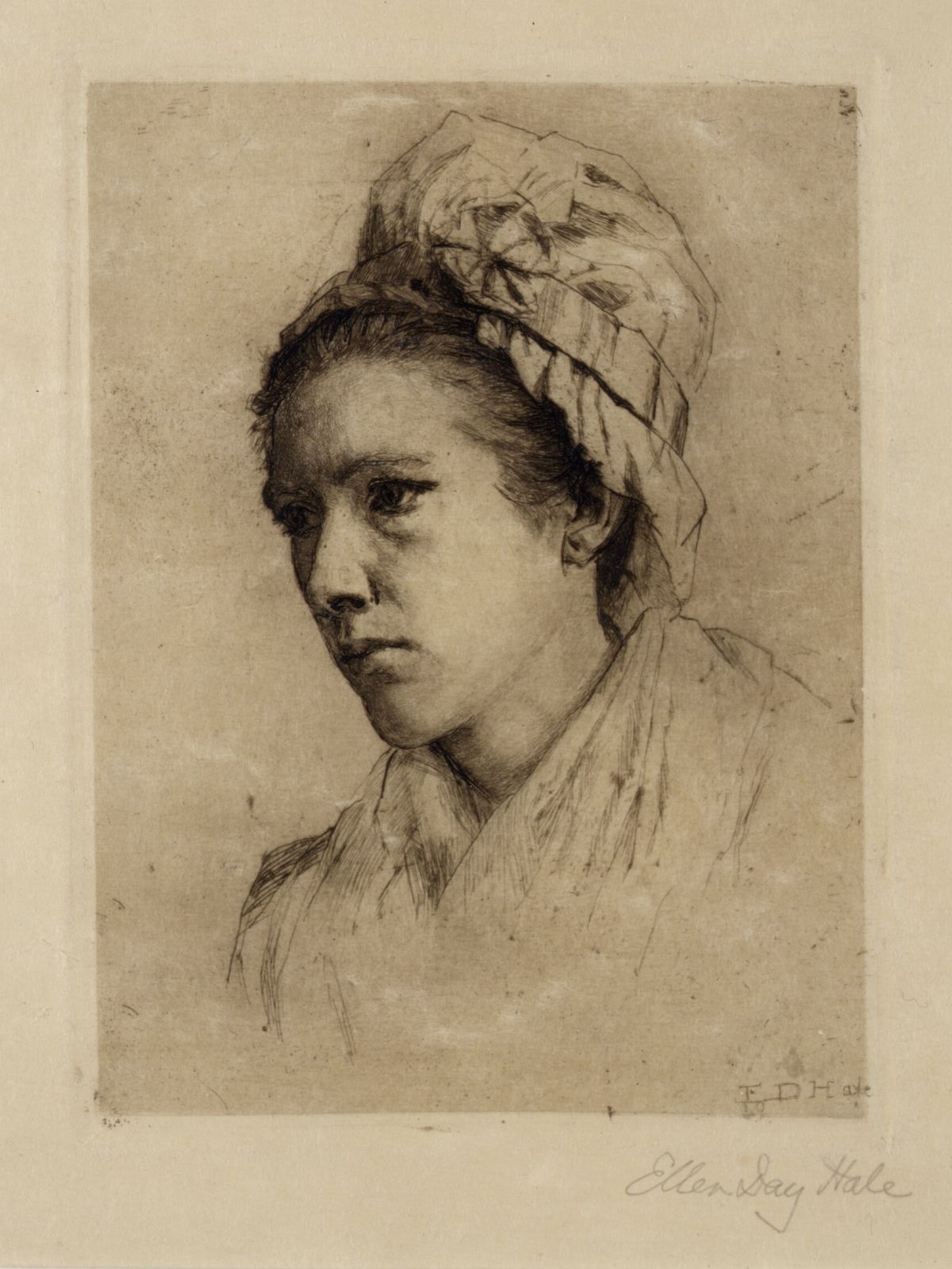 Print portrait in black ink against an ivory background of a young woman with light skintone in three quarter view wearing a tall bonnet-like cap and a hint of shawl modestly draped around her neck.