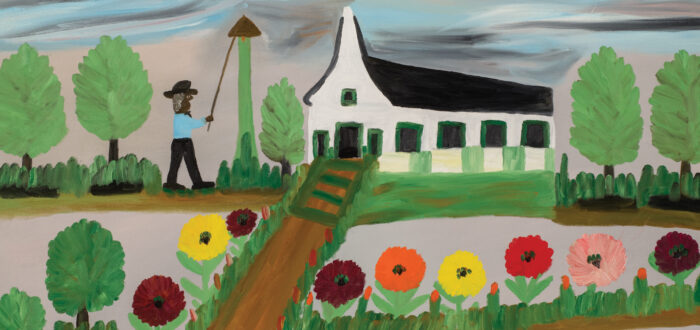 A painting in a folk or simple style features a dark-skinned person with a black hat ringing a bell in front of a white church with a black roof. The church is surrounded by greenery, and on either side of a brown path leading out of the church are vibrant yellow, red, pink, and orange flowers.