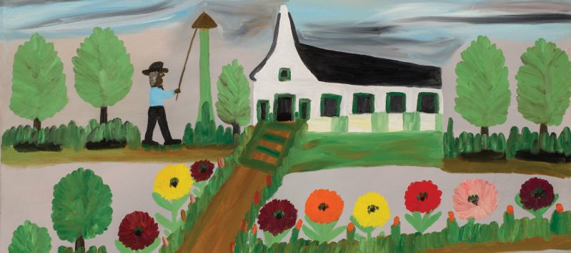 A painting in a folk or simple style features a dark-skinned person with a black hat ringing a bell in front of a white church with a black roof. The church is surrounded by greenery, and on either side of a brown path leading out of the church are vibrant yellow, red, pink, and orange flowers.