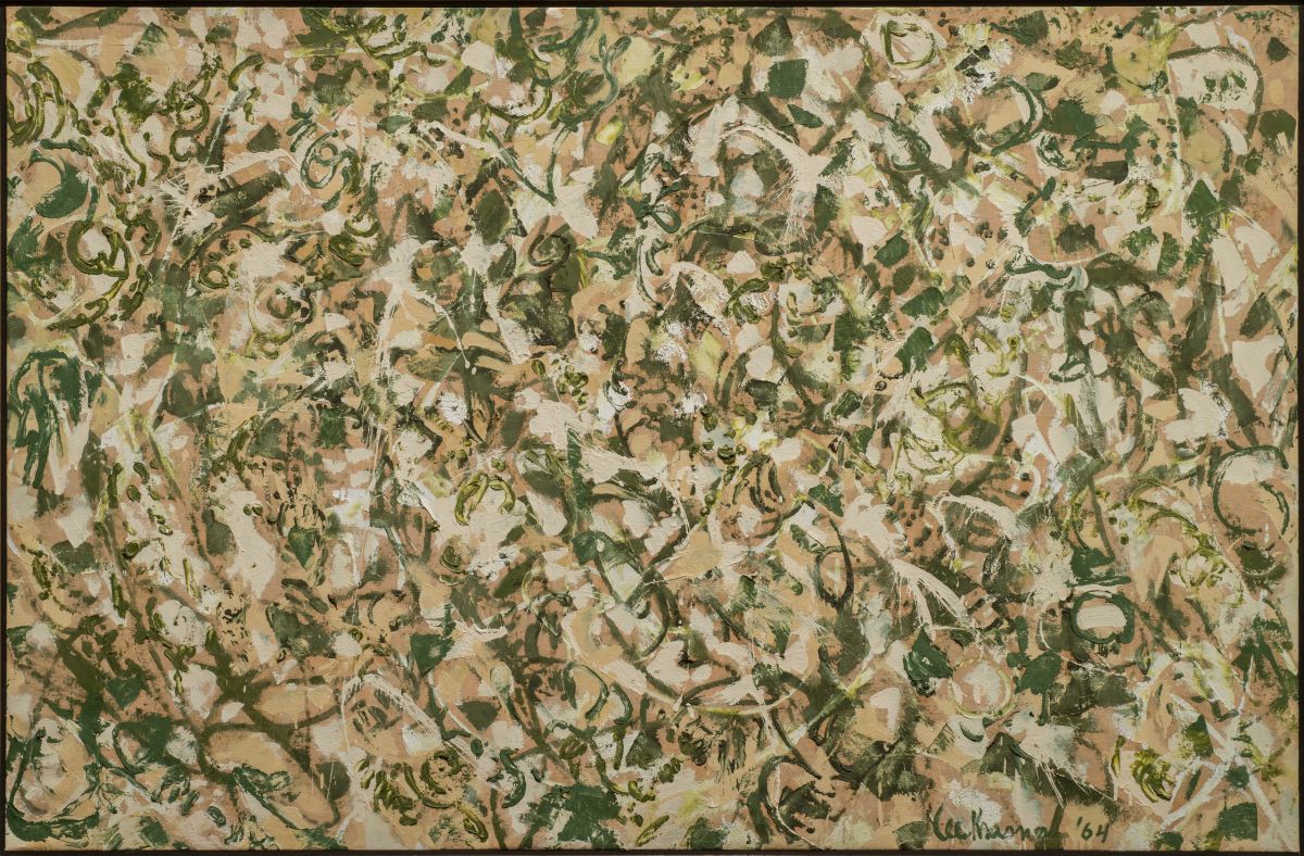 Densely layered, expressive brushwork in cream, white, and multiple shades of green cover a rectangular, horizontal canvas from edge to edge. Daubs and splashes of paint mingle with strokes resembling arcs, circles, ovals, and other curving forms to suggest movement and energy.
