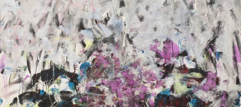 A vertical, abstraction features broadly painted strokes of pale gray, lavender, and cobalt in the upper two-thirds of the canvas. The colors continue in the lower third, along with touches of green, black, and other hues, but the expressive brushwork becomes denser and chaotic.