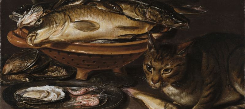 Still life painting features a reddish ceramic colander with several types of fish. In the foreground, a cat stands alert next to shrimp and oyster shells on a gleaming pewter dish.