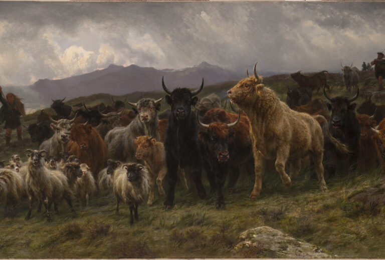 A large group of animals is herded by two shepherds on a grassy hill above the ocean. Black, tan, and red bulls crowd small white sheep with curled horns. The animals move nervously, their coats blowing in the wind. Clouds in the background suggest an impending storm.