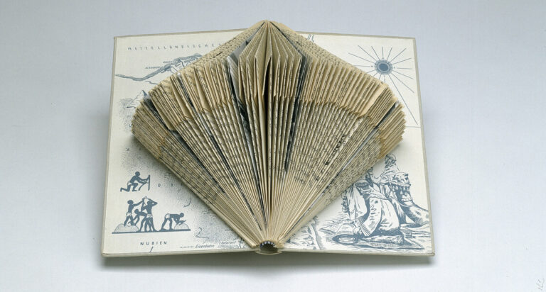 An open book with its pages intricately folded upward into a geometric, fan-like shape; illustrations are visible on the inside covers. The image is set against a plain, light background.