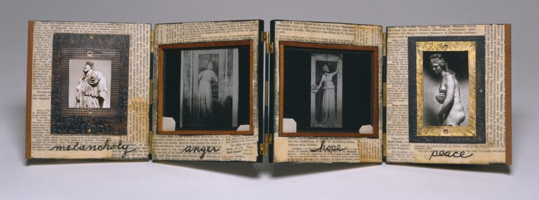 An open accordion-style book with four panels. On each panel is newsprint over which is a black and white photograph of a person. Under each figure is written, from left to right: melancholy, anger, hope, peace.