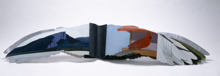 Brenda Watson, Comment attirer les oiseaux? (How to attract birds?), 1995; Oil paint on aluminum, rubber, thread, 30 x 10 in.; National Museum of Women in the Arts, Museum purchase: Library and Research Center Book Acquisition Fund