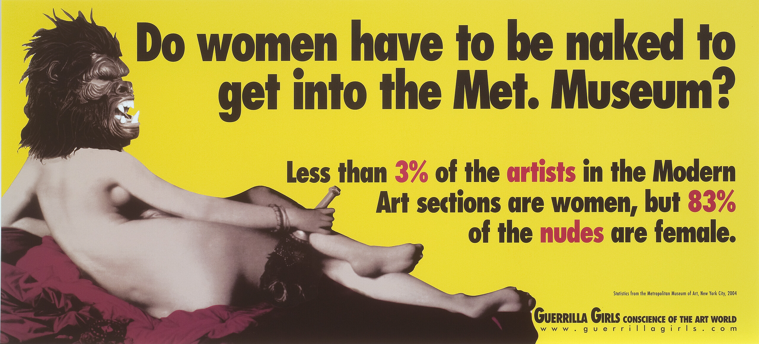Reclining light skinned nude woman seen from behind wearing a gorilla mask on bright yellow background. Large black text reads, "Do women have to be naked to get into the Met. Museum?" Smaller black and red text reads, "Less than 3% of artists in the Modern Art sections are women, but 83% of the nudes are female."