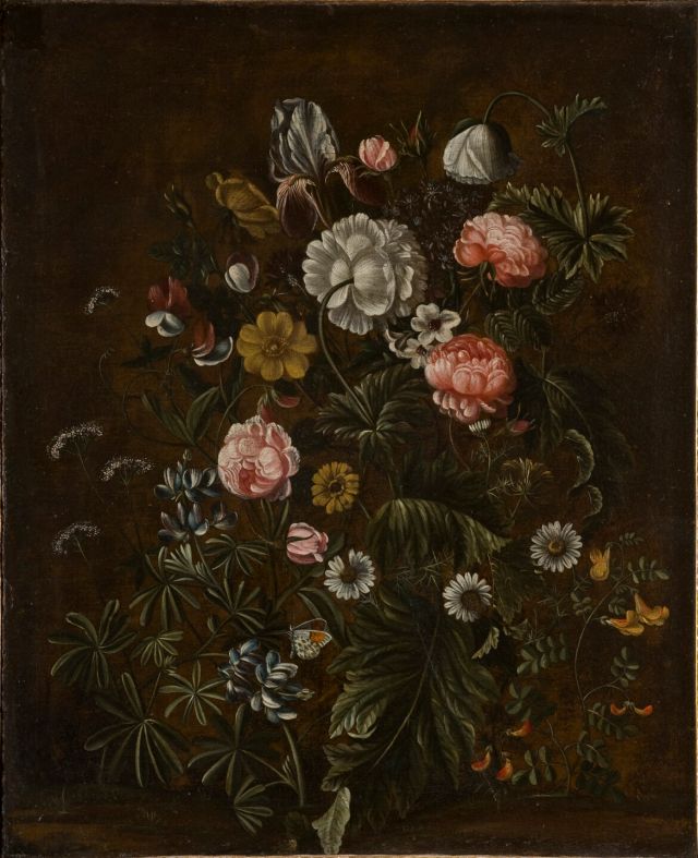 Light pink and white wild roses, yellow daisies, and irises are set against a muted brown background. The flower arrangement takes up the entirety of the canvas. A butterfly perches on an iris bloom at the bottom of the painting.