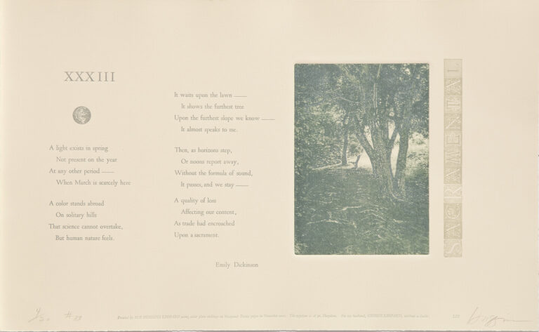 A vintage-style print shows a poem by Emily Dickinson and an illustration of trees in a forest. The word "SACRAMENTAL" is vertically embossed beside the image. The background is beige with elegant type and design.