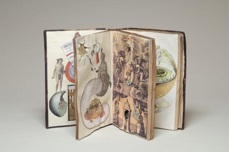An open book features surreal, collage-like illustrations of human figures, abstract shapes, and mythological scenes. The book stands upright with pages spread, revealing colorful, imaginative artwork inside.