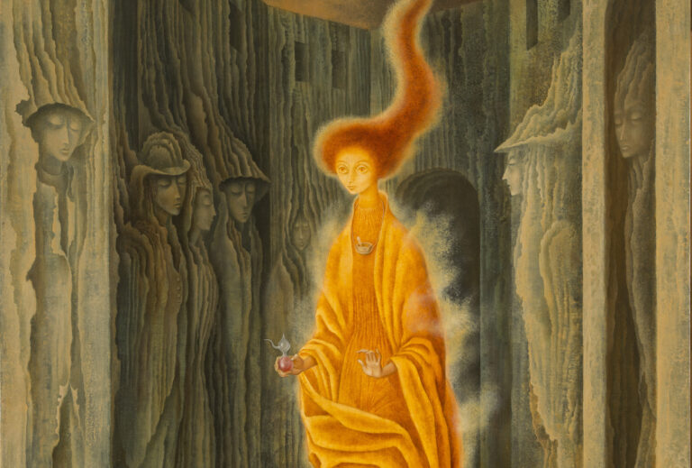 Rendered with precise brushwork, a tall, thin figure strides forward wearing flowing, orange garments emanating a misty golden aura. Her fiery red hair stretches heavenward, encircling a celestial orb. Figures appear encased in the walls of the concave structure surrounding her.
