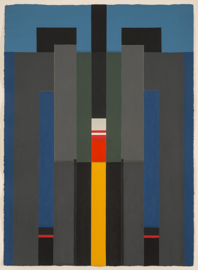 An abstract painting featuring tall, rectangular shapes arranged symmetrically in shades of gray, black, green, and blue. The center of the painting is divided by a yellow, red, white, gray, and black rectangle.