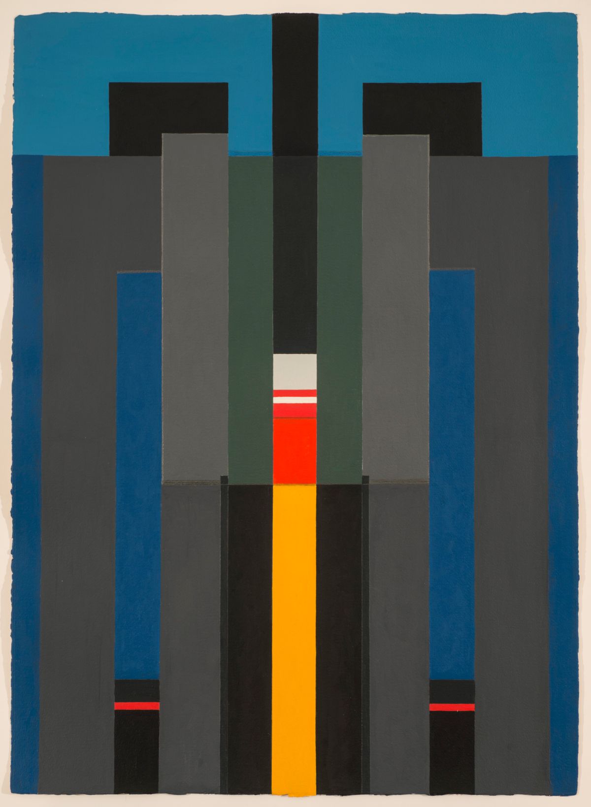 An abstract painting featuring tall, rectangular shapes arranged symmetrically in shades of gray, black, green, and blue. The center of the painting is divided by a yellow, red, white, gray, and black rectangle.