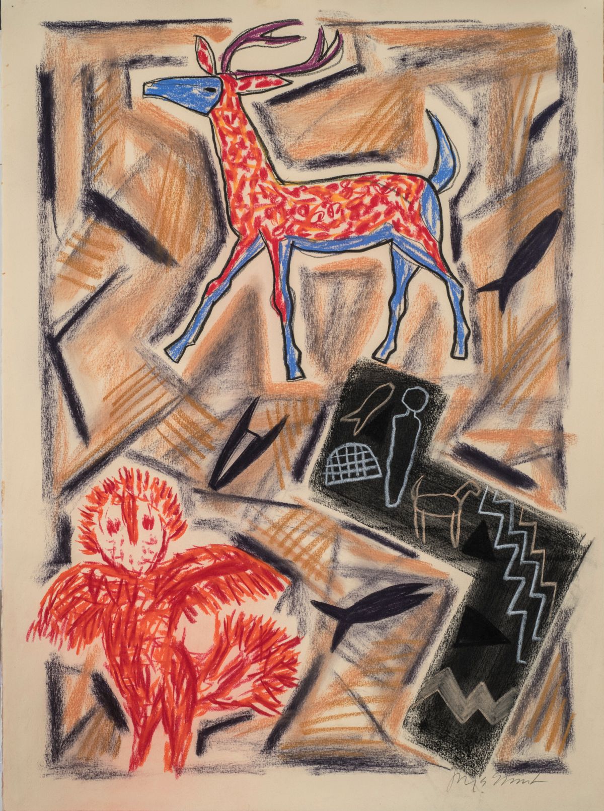 In the bottom left corner, a red and orange owl spreads its wing. To its right, a black lightning-bolt-shape covers the right corner, and inside are light-blue and tan drawings of a horse and fish. In the top center of the page, a red, orange, and blue buck with magenta antlers tips its head back. The background is a mix of tan and black pastel scribbles.