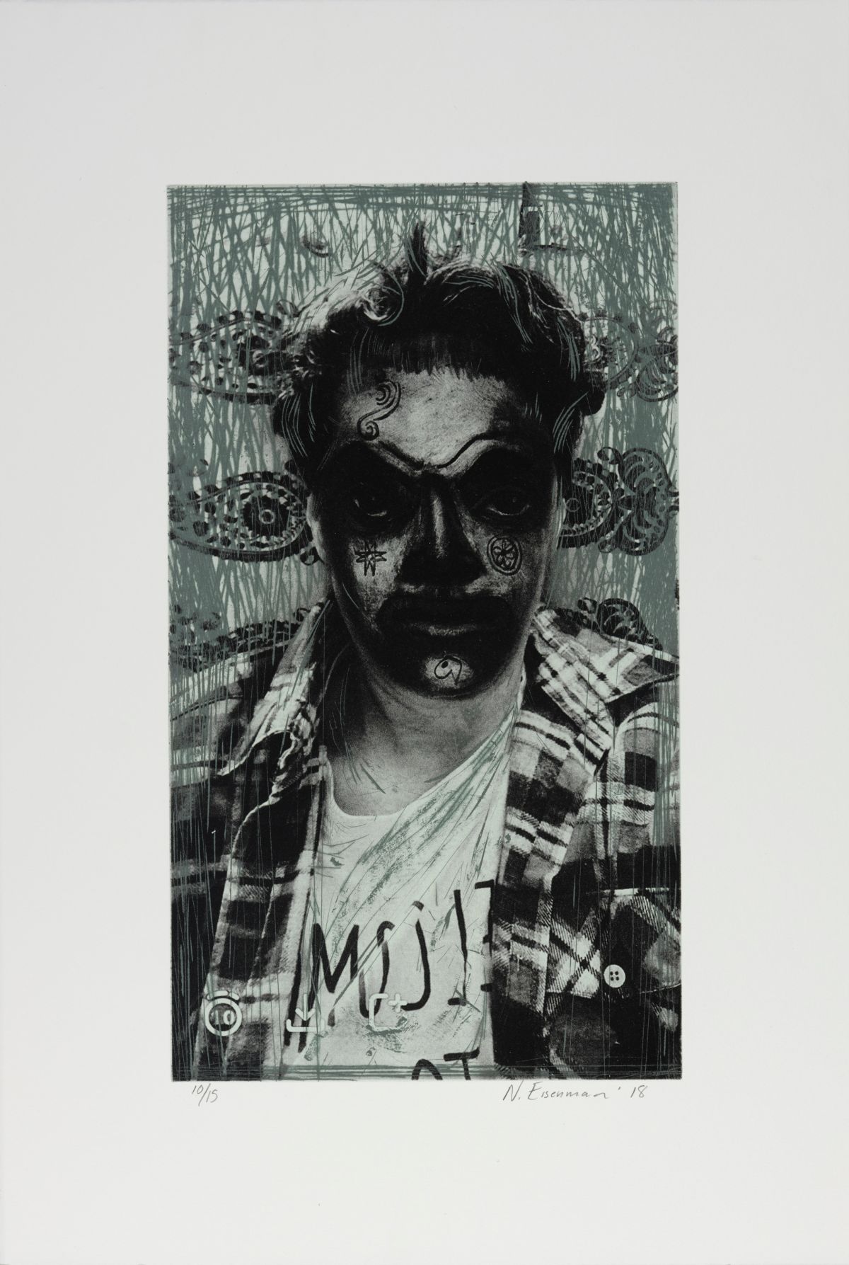 Etching of a light skinned figure with dramatic dark shading around their eyes, along their noes, lips, and chin. The figure is wearing an unbuttoned black and white plaid flannel shirt and a white tee shirt with handwritten black lettering underneath. Th