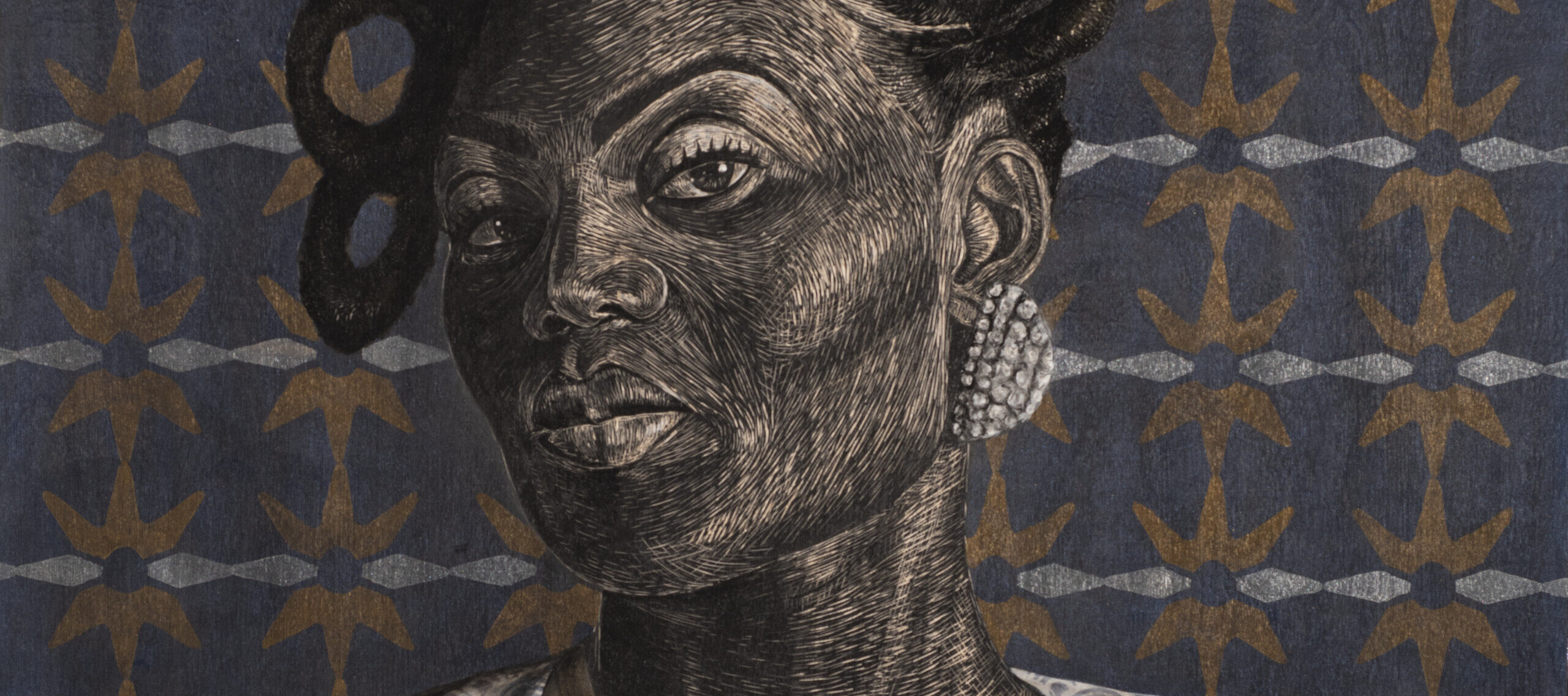 A portrait of a Black woman with an intricately styled updo wearing a patterned jacket and a shirt with a star design. The background features a repeating star pattern in shades of blue and gold.
