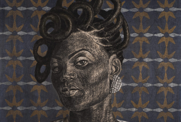 A portrait of a Black woman with an intricately styled updo wearing a patterned jacket and a shirt with a star design. The background features a repeating star pattern in shades of blue and gold.