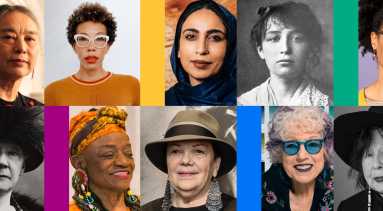 Two rows of portraits of women artists with a colorful border between them.