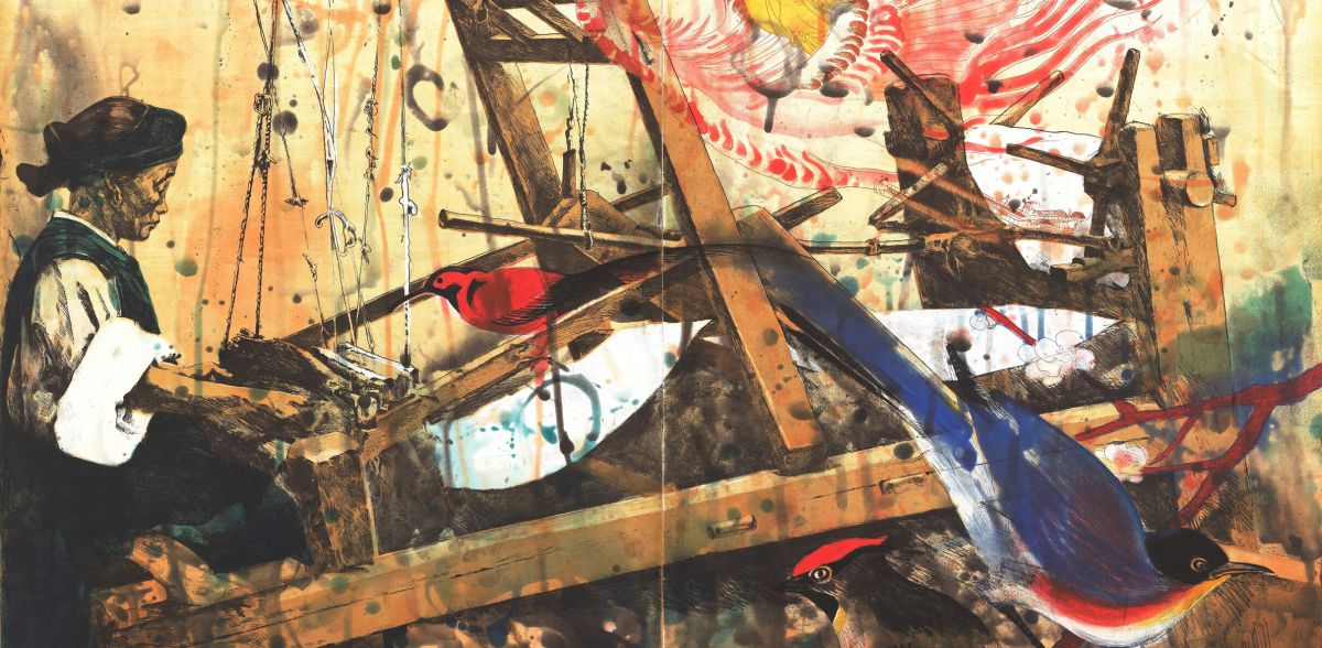 This print shows an elderly Asian woman in profile as she works on a large wooden loom. Images of blue, black, and red birds, are overlaid onto the picture along with streaks of ink that drip down its surface.