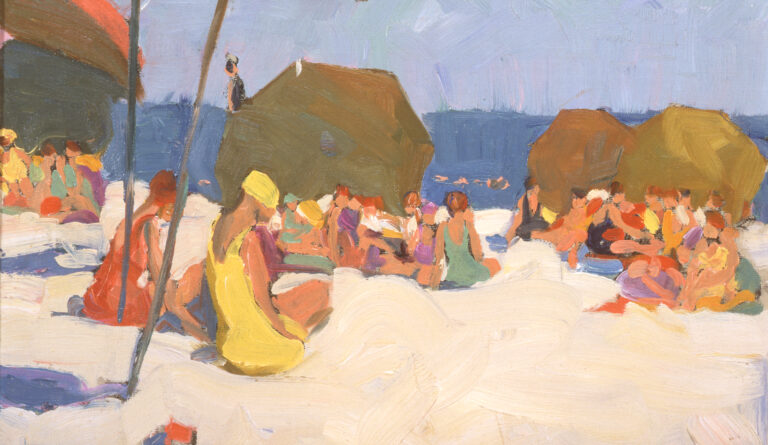 A colorful painting shows a beach scene featuring many people in bathing suits and caps sitting on light sand, some under large umbrellas. The blue sea is in the background.