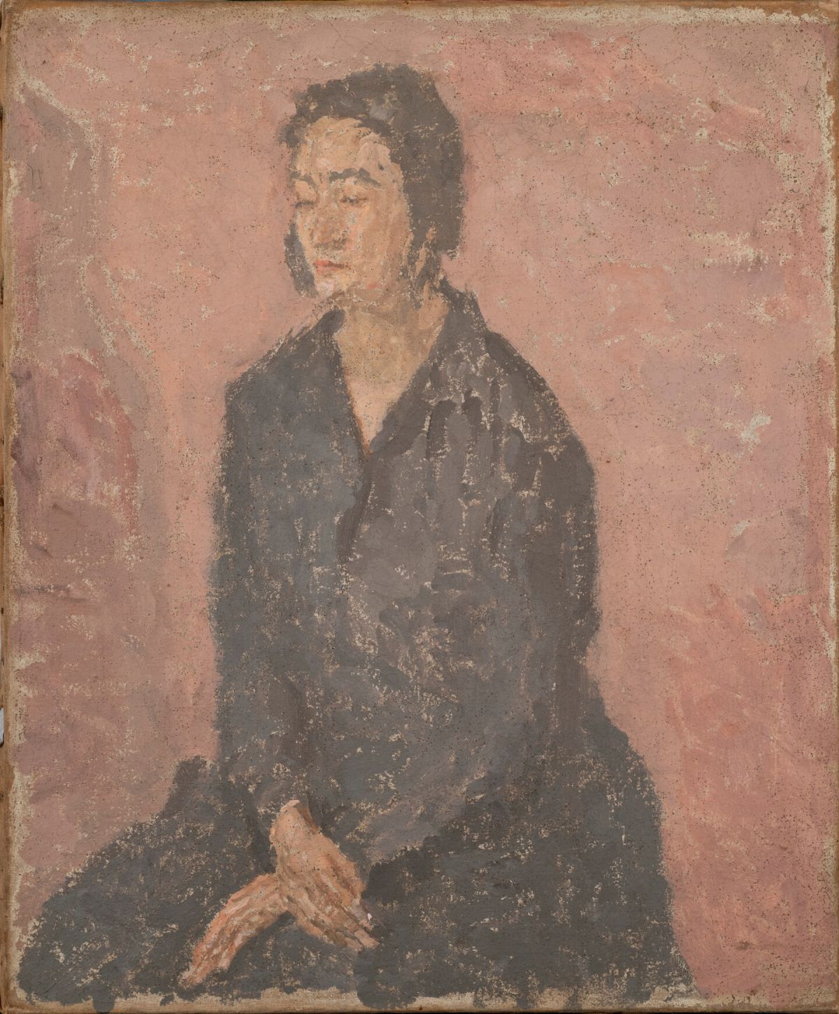 A light-skinned woman with dark hair and wearing a dark long-sleeved dress rendered with loose, impressionistic brushstrokes. Her arms are crossed in her lap and her eyes are closed.
