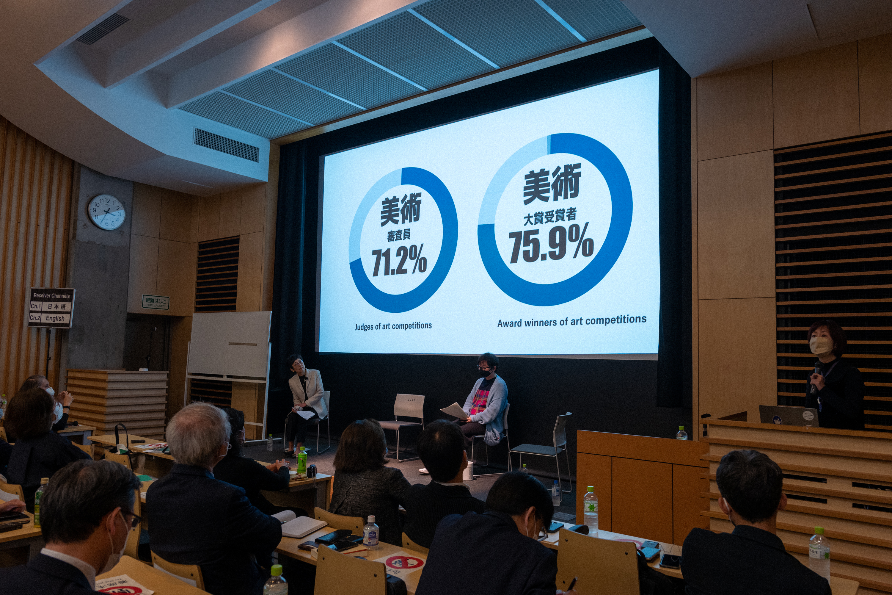 A woman in a face mask addresses a group of mixed age adults sitting in a university classroom with a screen to her right that shows two circular graphics surrounding Japanese characters and the numbers 71.2% and 75.9%. English text below the graphic reads “Judges of art competitions” and “Award winners of art competitions.”