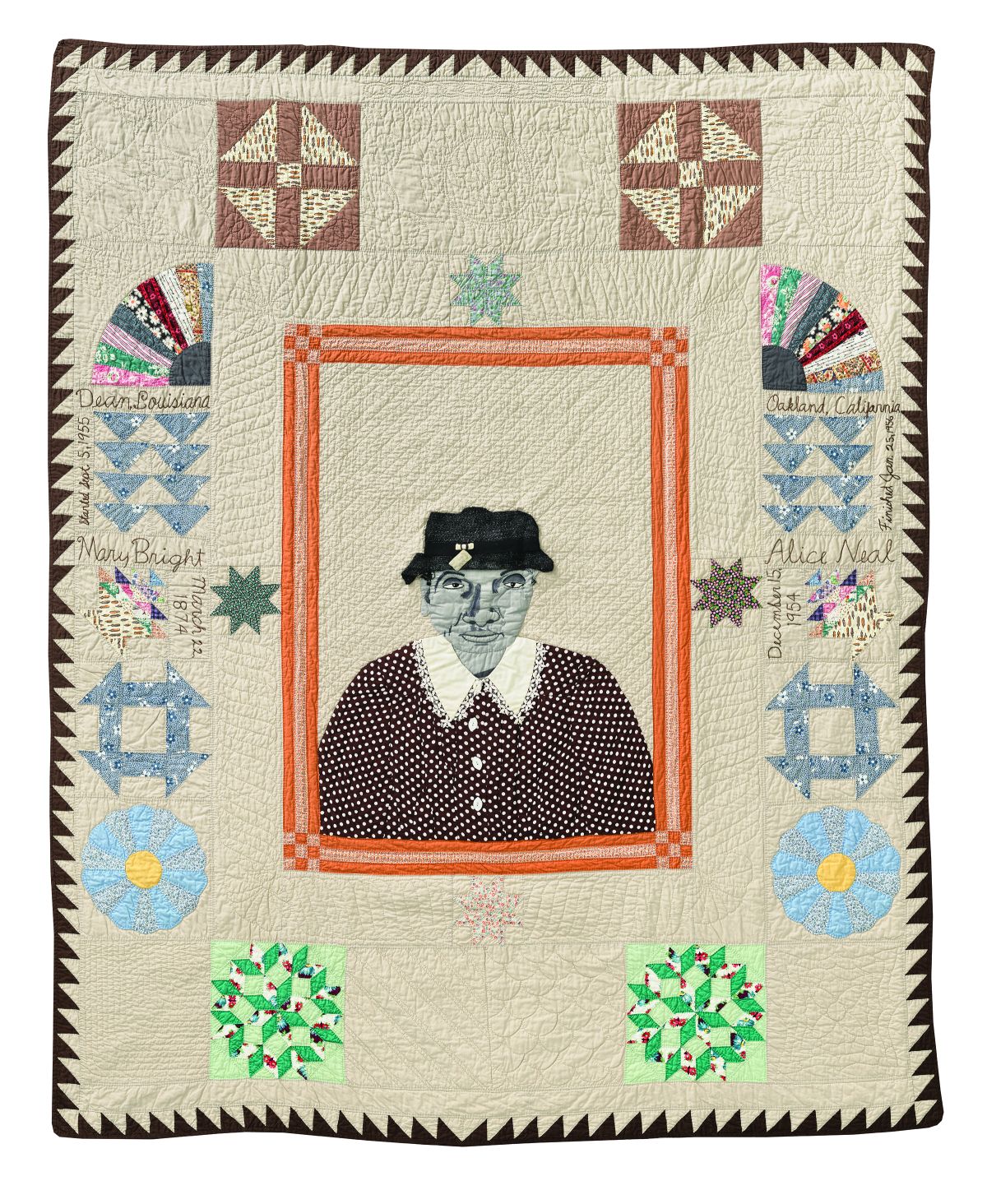 A central embroidered and collaged fabric portrait shows a gray-complexioned woman in a brown-and-white polka dot dress and black hat. The portrait is surrounded by various traditional quilt blocks on a beige surface.