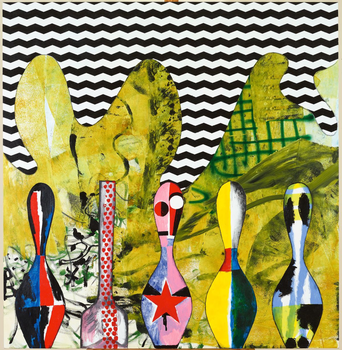 A painting featuring colorful geometric forms. Bowling-pin shaped forms with blue, red, pink, and yellow patterns line the lower half of the composition. A large abstract yellow form and black-and-white chevron stripes fill the background.