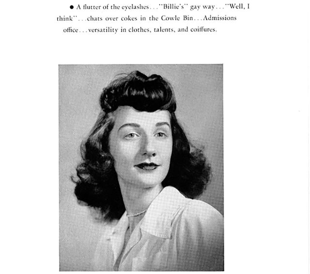 A yearbook portrait from the mid-1940's features a light-skinned woman with dark, shoulder-length hair and short, thick bangs that end mid-forehead. She wears a dark lipstick color. Atop the photo is a typed series of information about her; below is her n
