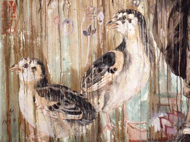 A detail of a larger painting featuring two birds with beige, black, and white feathers against a muted background with layered textures of dripping paint.