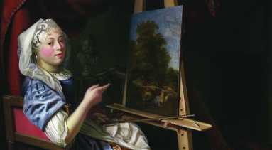 A woman in historical clothing sits at an easel, painting a landscape. She looks at the viewer, pointing at her artwork. The scene is set indoors with dark drapery and a shelf in the background.