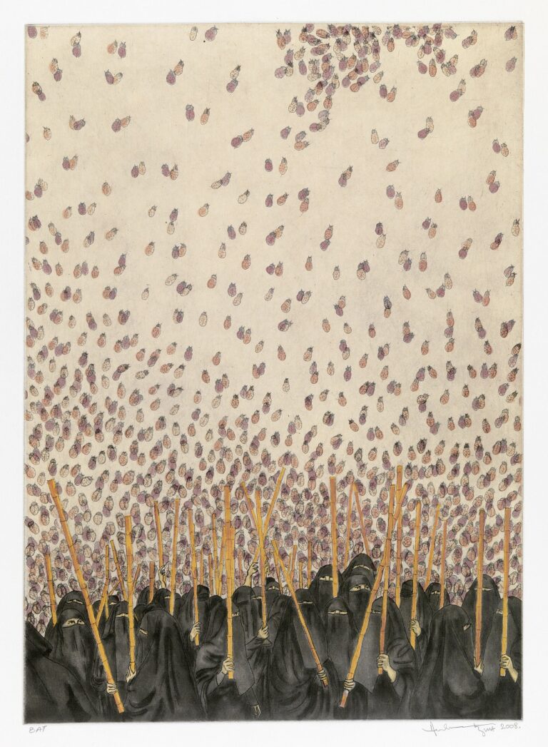 Ambreen Butt, Ladybugs (from the series “Daughters of the East”), 2008; Etching, aquatint, spit-bite aquatint, drypoint, and hand coloring on paper, 25 x 19 in.; Courtesy of the artist; © Ambreen Butt; Photo by Stephen Petegorsky 