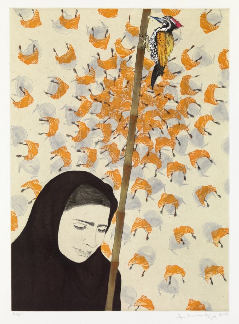 Ambreen Butt, Untitled (Weeping Woman) (from the series “Daughters of the East”), 2008; Etching, aquatint, spit-bite aquatint, drypoint, and hand coloring on paper, 25 x 19 in.; Courtesy of the artist; © Ambreen Butt; Photo by Stephen Petegorsky  