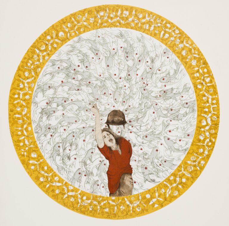 Ambreen Butt, Untitled (from the series “Dirty Pretty”), 2008; Etching with chine collé, silkscreen, and lithograph on paper, 17 1/4 x 15 in.; Courtesy of the artist; © Ambreen Butt; Photo by John Horner  