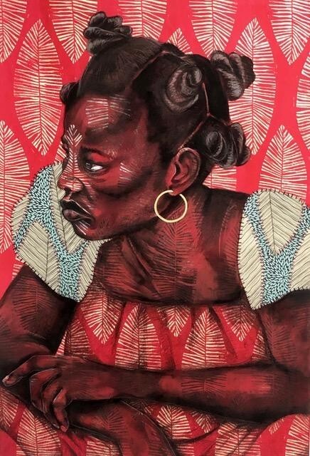 Delita Martin, Dreamer, 2019; Acrylic, charcoal, relief printing, decorative papers, hand-stitching, and liquid gold leaf on paper, 47 1/2 x 31 3/4 in.; Courtesy of the artist and Galerie Myrtis; Photo by Joshua Asante