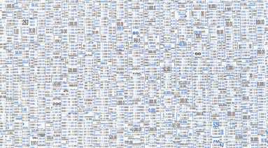 A rectangular work made up of blue and black pieces of paper interwoven together with currency amounts and words in Spanish.