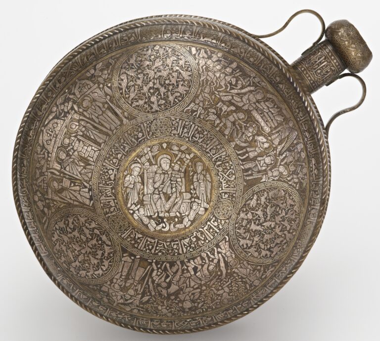 Unknown artist, Canteen, mid-13th century. Syria or Northern Iraq; Brass with silver inlay, 17 3/4 x 8 1/2 x 8 1/2 in.; National Museum of Asian Art; inv. F1941.10