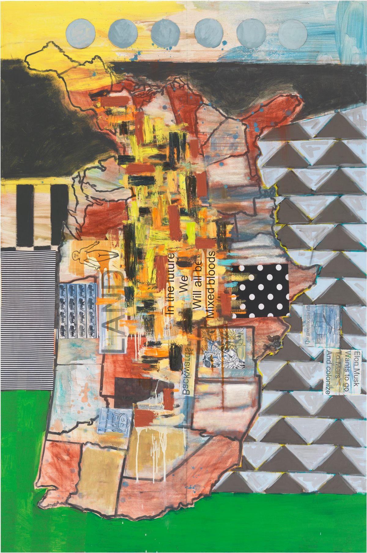 A painting featuring a map of the United States oriented vertically at a ninety-degree angle. The outlines of states appear in shades of brown, white, and red. The text “In the future we will all be mixed bloods” is printed in the center. Green, yellow, black, and white geometric patterns fill the background.