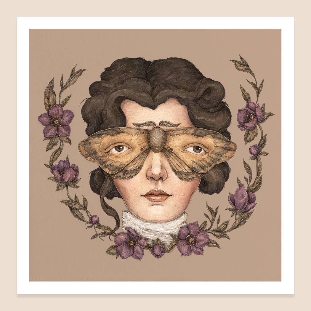 An illustration of a woman's face that is overlaid with the large body of a moth, Her eyes appear on the moth's outstretched wings. She has a neutral expression and is framed by purple flowers.