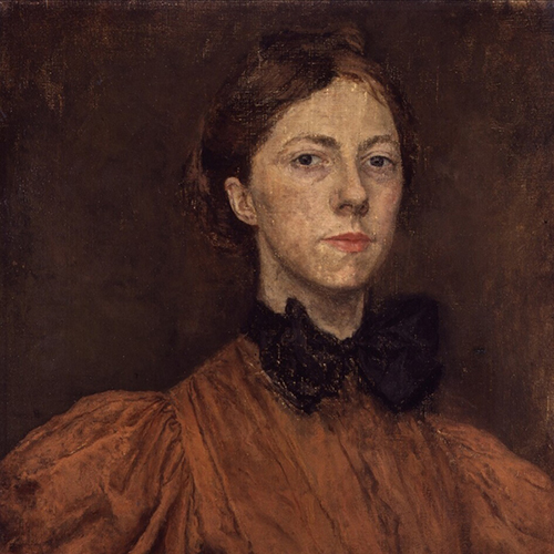 A painting of a light-skinned adult woman with brown hair pulled back from her face. She wears a high-necked brown shirt with a large black bow at the collar. She is posed from the chest up against a brown background with visible brushstrokes.