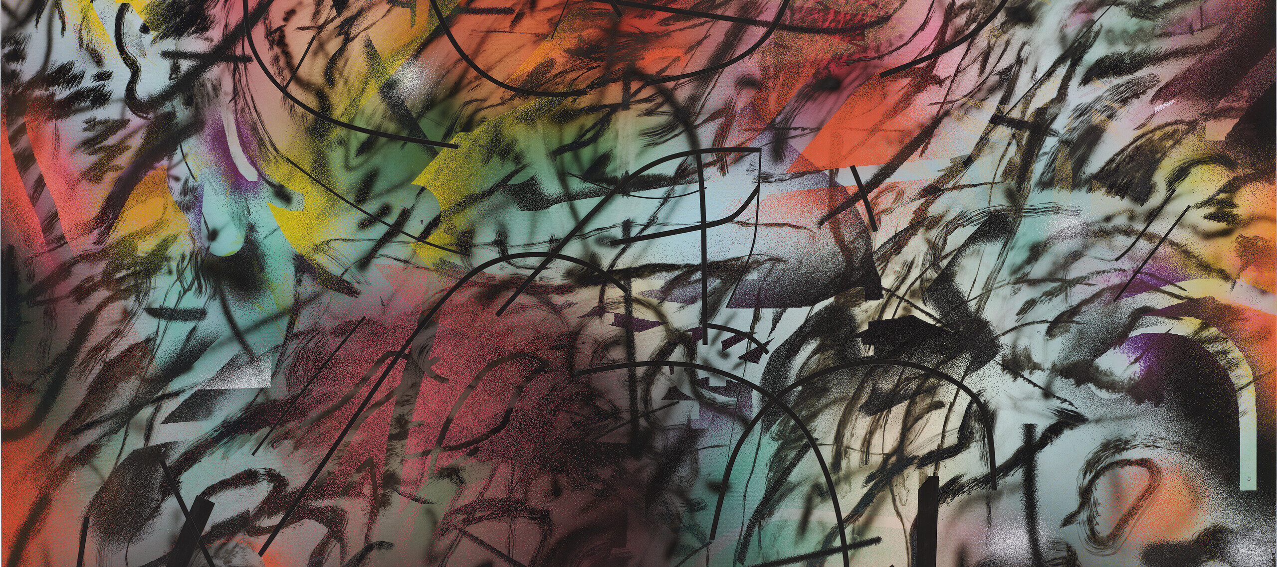 An image of an abstract painting featuring layers of colorful ink in shades of red, orange, purple, yellow, and blue, overlaid with black curving lines. MUST CONTACT HANNAH SHAMBROOM FOR EXTERNAL USAGE PERMISSION