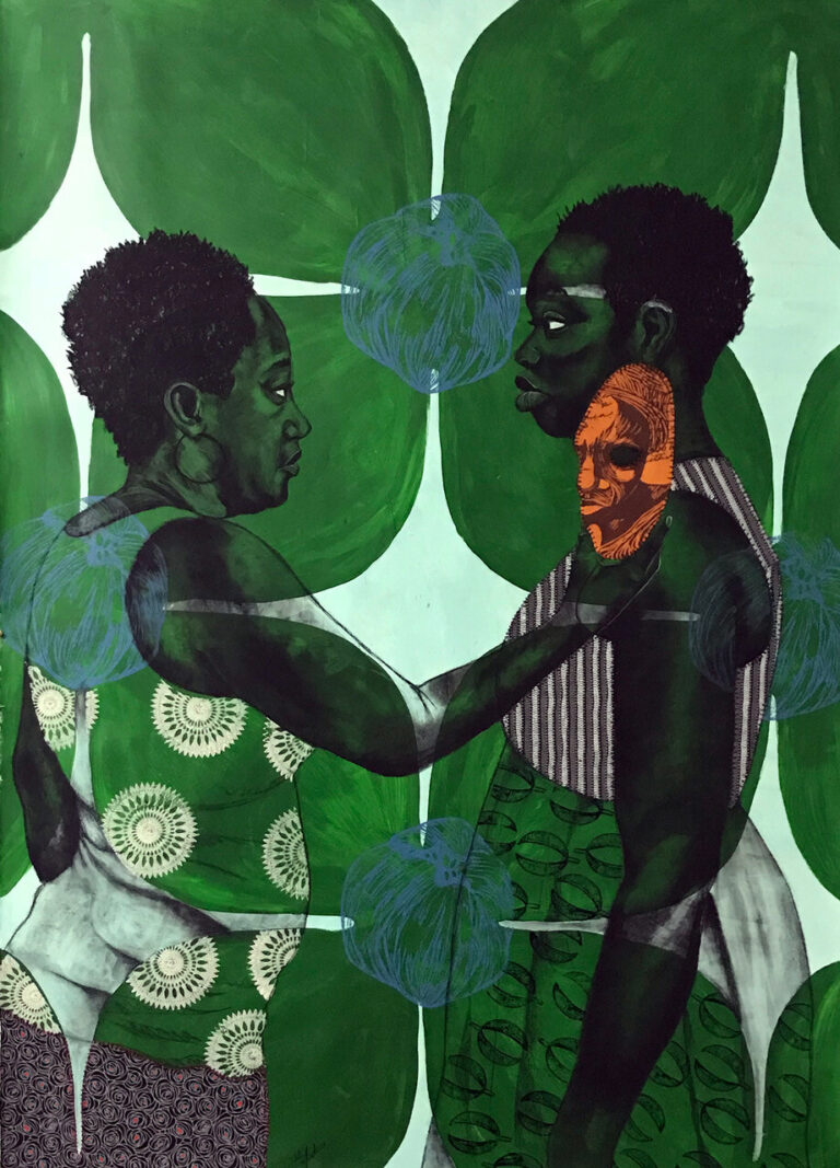 Delita Martin, New Beginnings, 2017; Acrylic, relief printing, lithography, charcoal, decorative paper, and hand-stitching on paper, 74 x 54 in.; Collection of Sheila C. Johnson; Photo by Joshua Asante