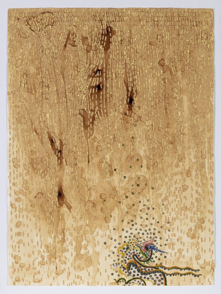 Ambreen Butt, Illyas (13) (from the series “Say My Name”), 2018; Text, collage, and watercolor with white gouache on tea-stained paper, 29 x 21 in.; Courtesy of the artist; © Ambreen Butt; Photo by Kevin Todora 