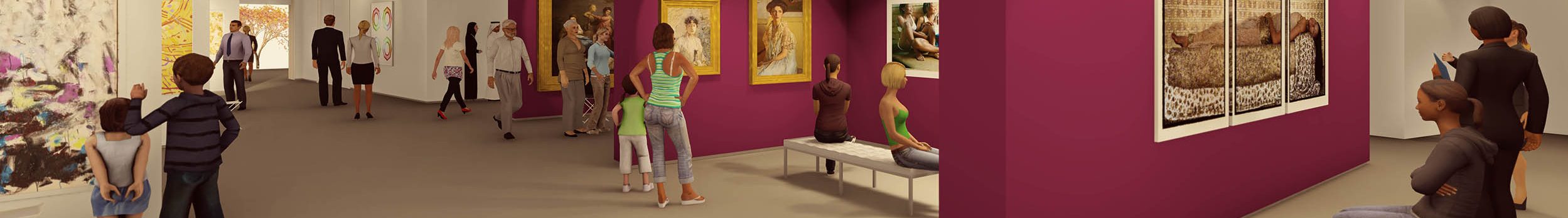 Architectural rendering of the gallery. People of all ages look at artwork hung on white and magenta walls.
