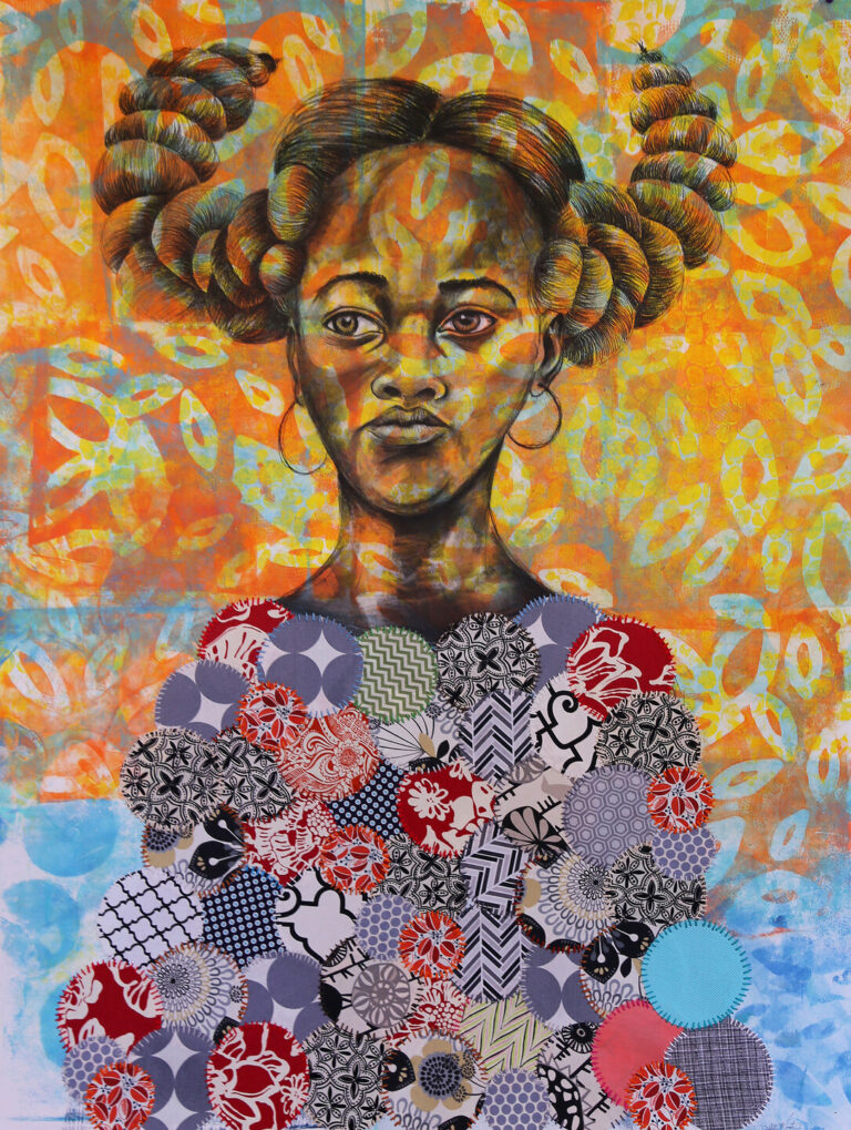 Delita Martin, Quilted Angel, 2015; Gelatin printing, conté, hand stitching, and fabric on paper, 53 x 41 in.; Collection of Lisa Gregory; Photo by Joshua Asante