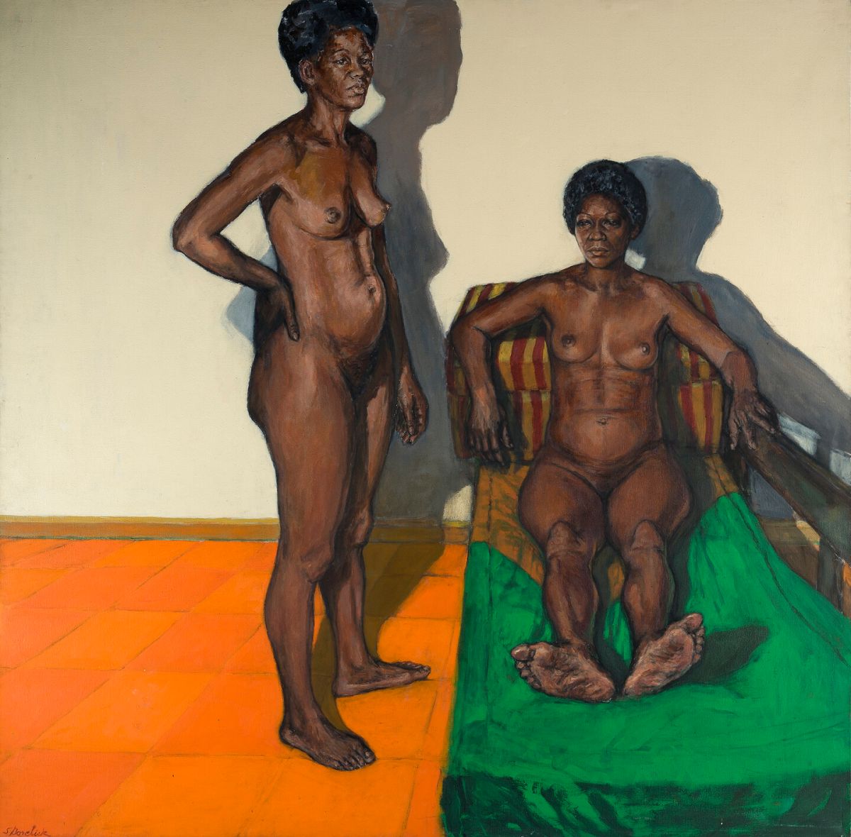 Two depictions of the same woman are shown in a room with an orange-tiled floor. One stands with a hand on her hip, while the other sits on a striped chair draped in green fabric. Both cast shadows on the plain wall behind them.